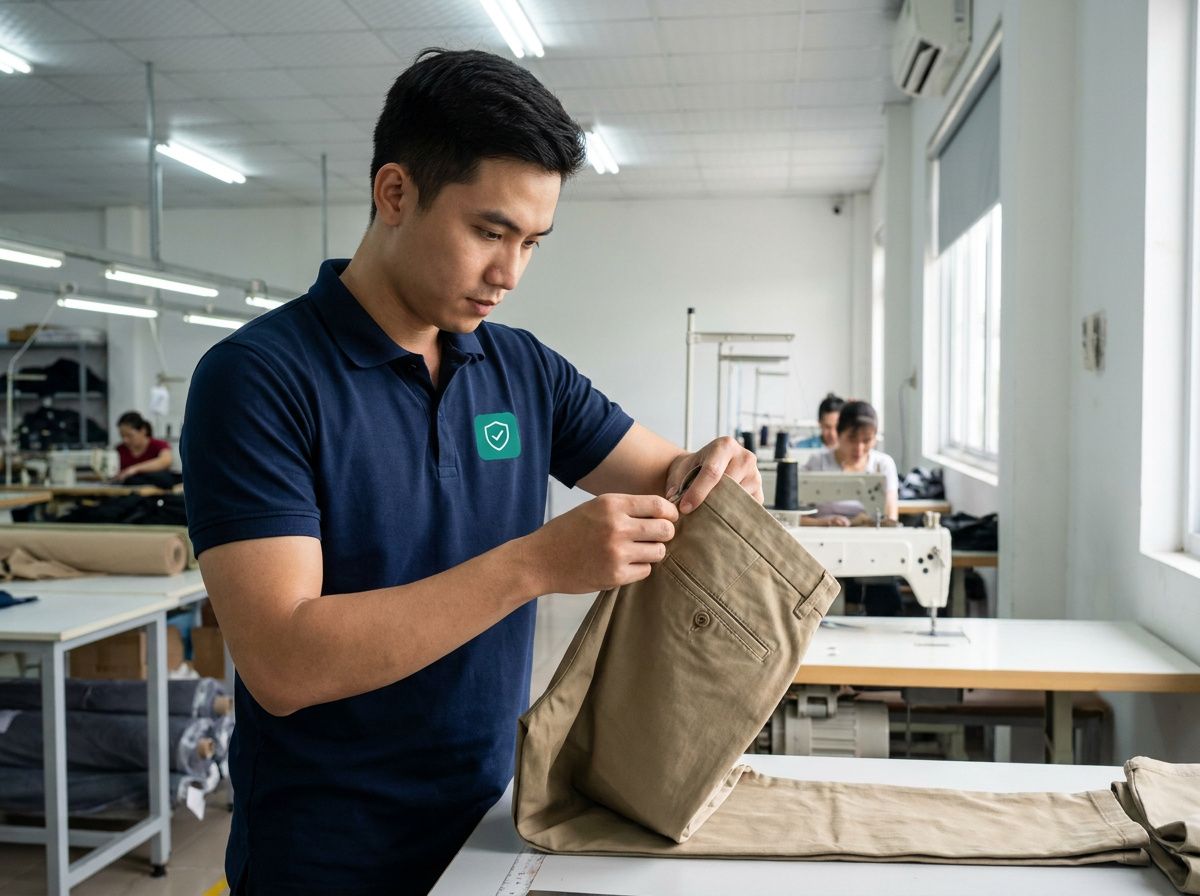 Quality inspection professional examining garments at factory